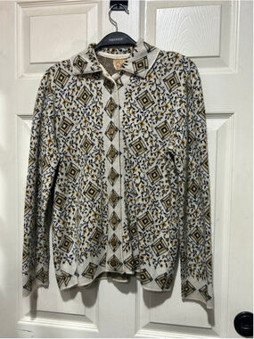 Women's Catalog Cardigan Sweater Medium White Gold Geometric Floral